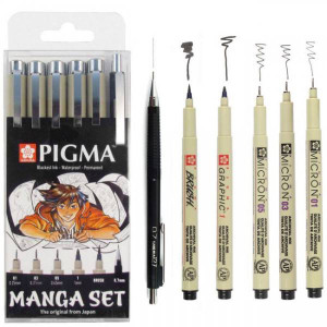 ΜΑΡΚΑΔΟΡΑΚΙΑ MANGA PIGMA MICRON BLACK ΣΕΤ6 (0.1, 0.3 ,0.5, 1mm, 1 BRUSH PEN και 1 μηχανικό μολύβι SAKURA 0,7)