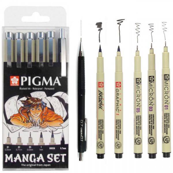 ΜΑΡΚΑΔΟΡΑΚΙΑ MANGA PIGMA MICRON BLACK ΣΕΤ6 (0.1, 0.3 ,0.5, 1mm, 1 BRUSH PEN και 1 μηχανικό μολύβι SAKURA 0,7)